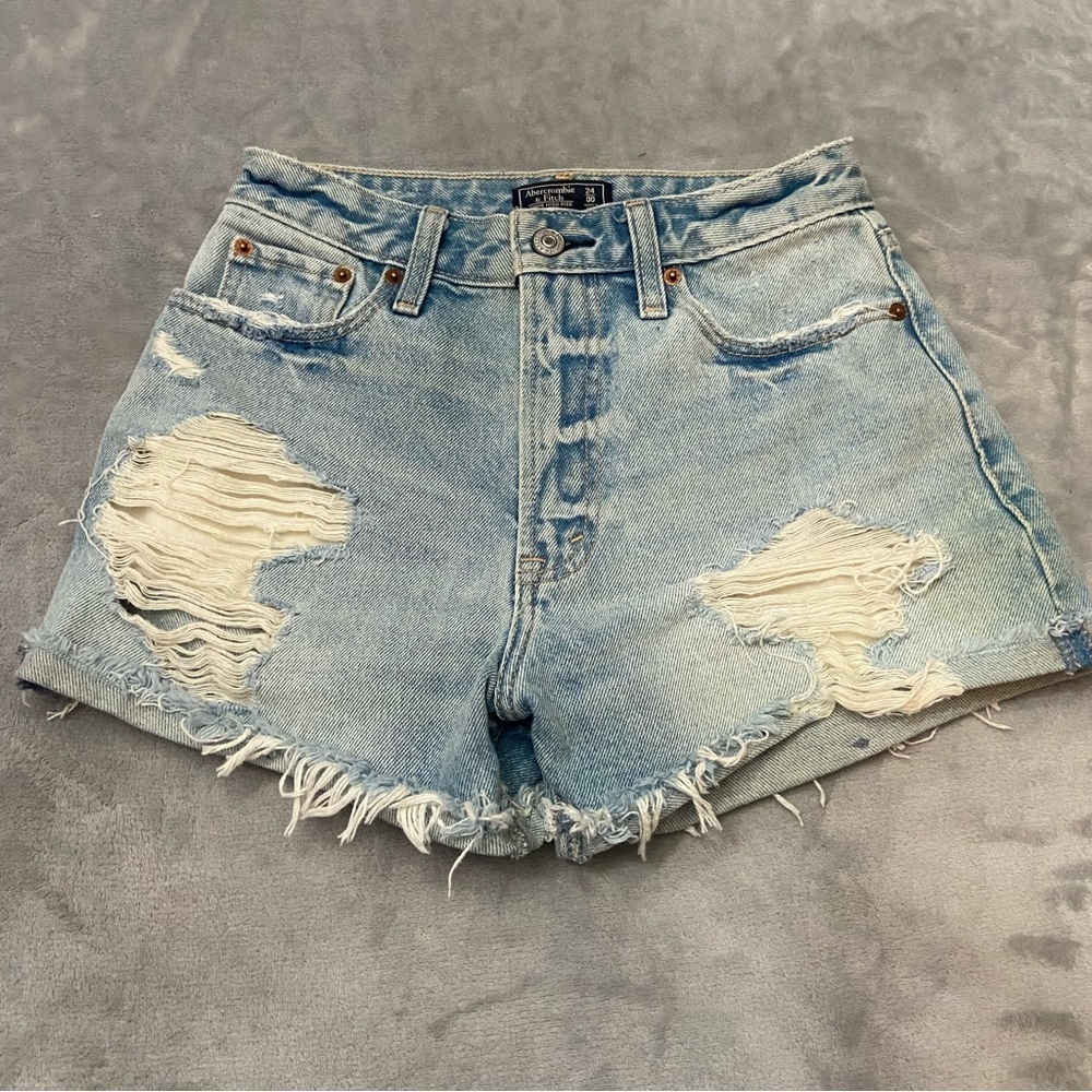 Abercrombie Annie high rise distressed denim shorts blue 4694